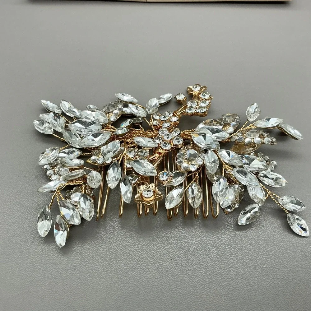 SWEETV Hair Comb Women Gold Tone Rhinestone Crystal Floral Bridal Wedding Access